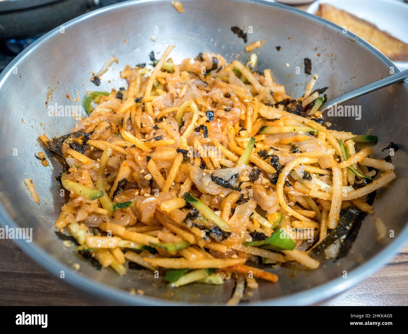 Mulhoe, cold raw fish soup, a native dish of Pohang, South Korea. Raw