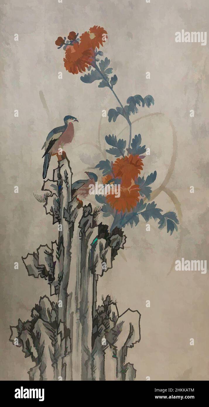 Art inspired by Birds, Flowers, and Rocks, Six-panel folding screen, ink and color on paper, 19th century, 71 5/8 × 117 15/16 in., 182 × 299.6 cm, Classic works modernized by Artotop with a splash of modernity. Shapes, color and value, eye-catching visual impact on art. Emotions through freedom of artworks in a contemporary way. A timeless message pursuing a wildly creative new direction. Artists turning to the digital medium and creating the Artotop NFT Stock Photo