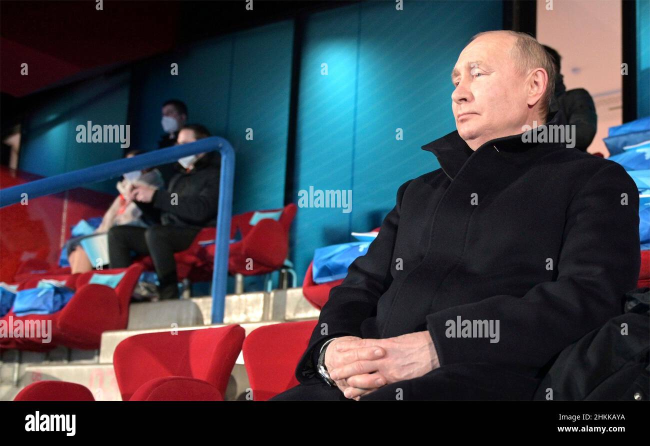 Beijing, China. 04th Feb, 2022. Russian President Vladimir Putin watches the opening ceremony of the 2022 Beijing Winter Olympics in the VIP section of National Stadium, February 4, 2022 in Beijing, China. Putin attended the Olympics as a guest of Chinese President Xi Jinping. Credit: Alexei Druzhinin/Kremlin Pool/Alamy Live News Stock Photo