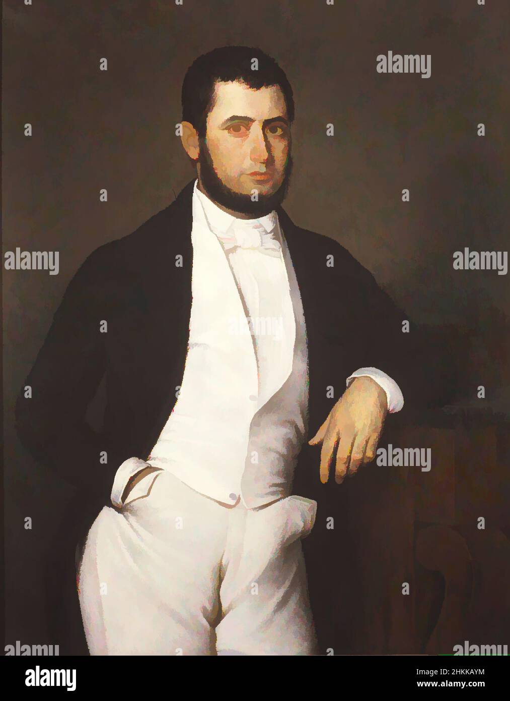 Art inspired by Portrait of an Unknown Man, Jacques Amans, 1801-1888, active in America 1836-1856, Oil on canvas, 1845, 37 1/2 x 29 15/16 in., 95.2 x 76 cm, Amans, Jacques, american, beard, facial hair, handsome, male figure, man, oil on canvas, painting, pedestal, portrait, unknown, Classic works modernized by Artotop with a splash of modernity. Shapes, color and value, eye-catching visual impact on art. Emotions through freedom of artworks in a contemporary way. A timeless message pursuing a wildly creative new direction. Artists turning to the digital medium and creating the Artotop NFT Stock Photo
