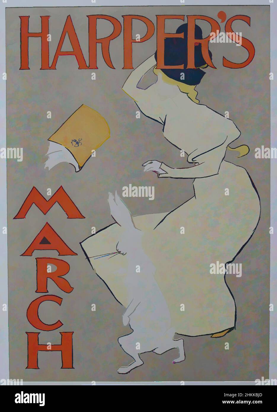 Art inspired by Harper's Poster - March 1895, Edward Penfield, American, 1866-1925, Lithograph on wove paper, 1895, Sheet: 19 1/4 x 13 7/8 in., 48.9 x 35.2 cm, book, bunny, dress, fin de siecle, hat, rabbit, style, windy, woman, women and books, Classic works modernized by Artotop with a splash of modernity. Shapes, color and value, eye-catching visual impact on art. Emotions through freedom of artworks in a contemporary way. A timeless message pursuing a wildly creative new direction. Artists turning to the digital medium and creating the Artotop NFT Stock Photo