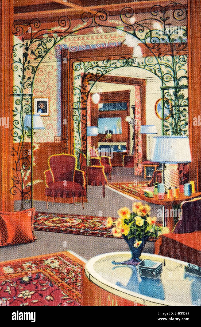 Post card depiction of early 20th century home, c. 1900. Stock Photo