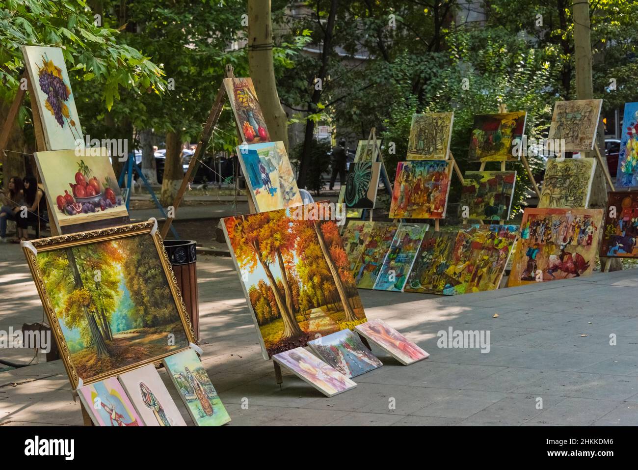 Exhibition and sale of paintings by modern arts in Saryan Park, Yerevan, Armenia Stock Photo