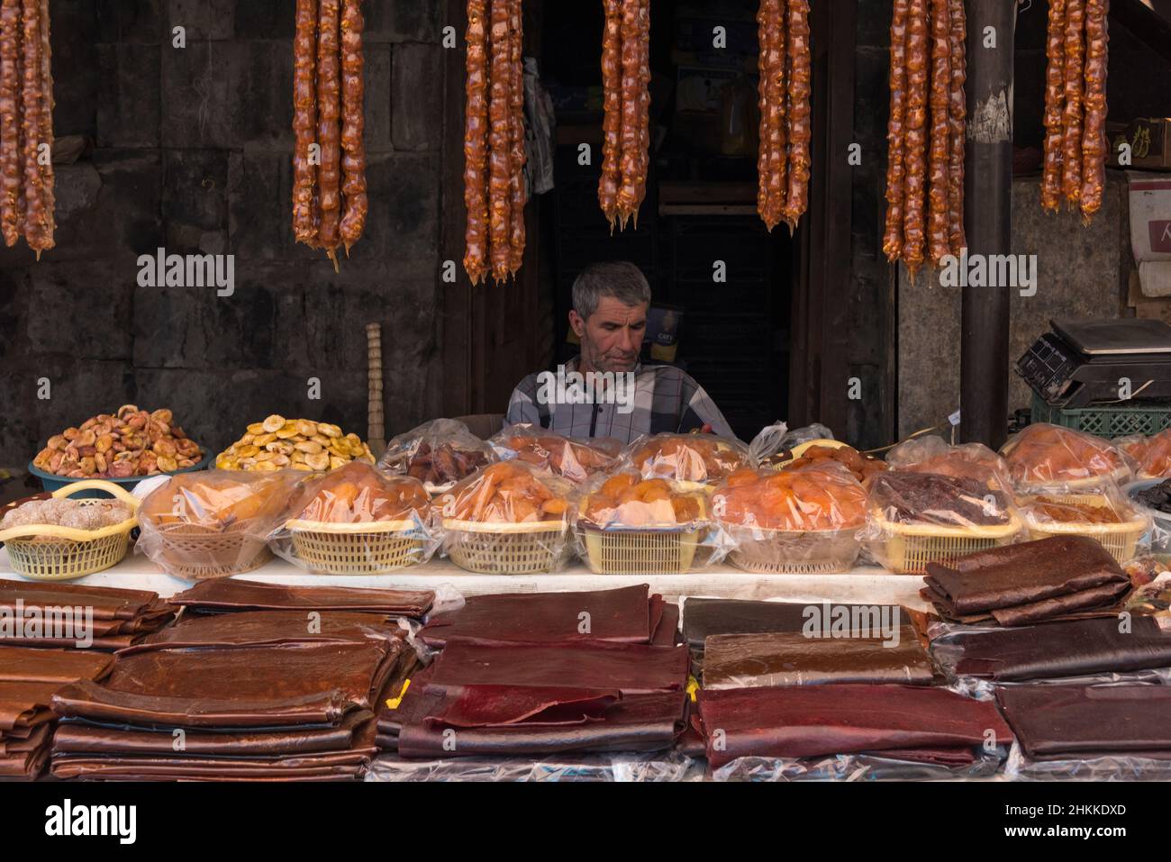 Selling dried fruit at the market, Gyumri, Shirak Province, Armenia Stock Photo