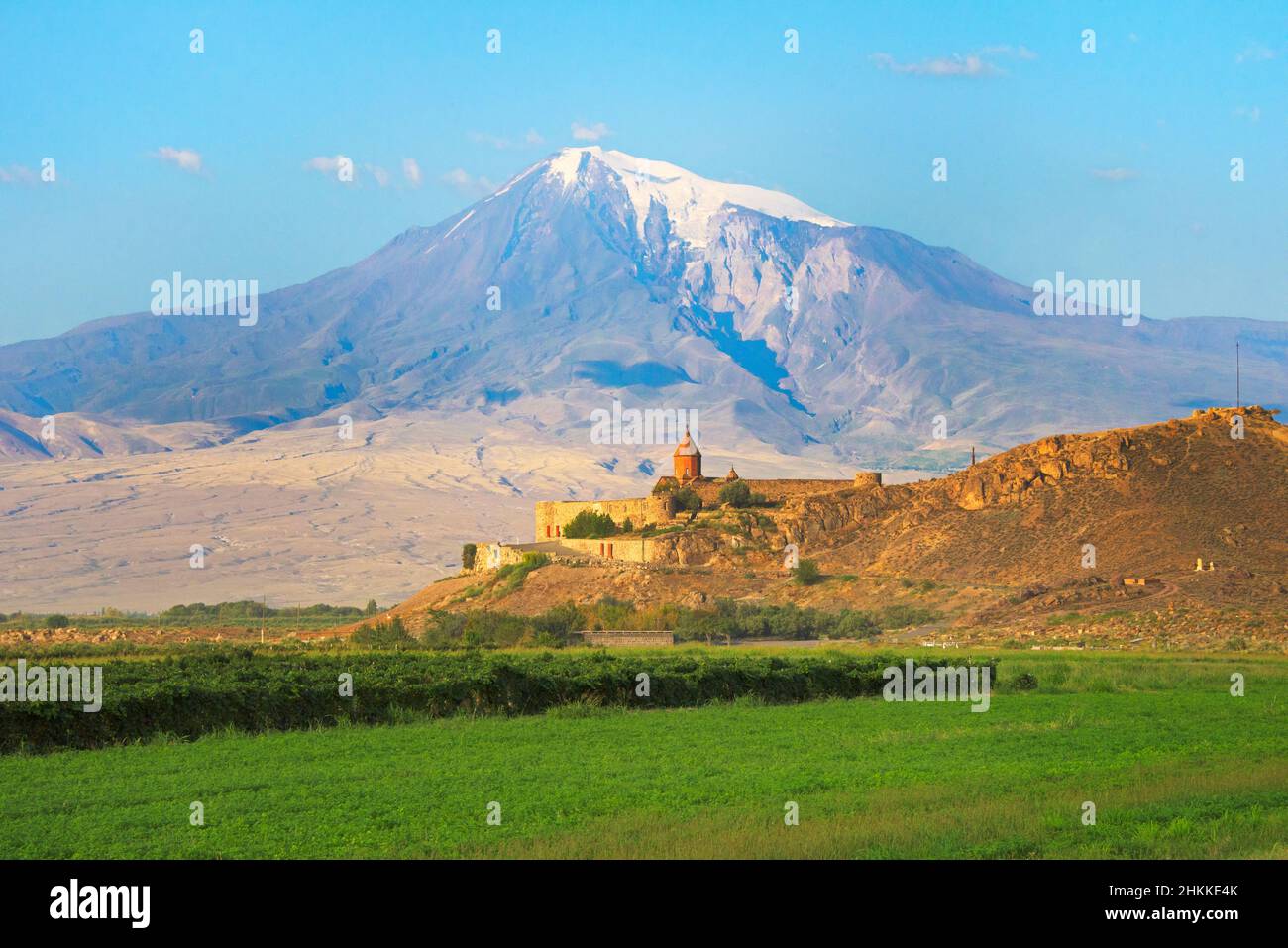 Khor Virap with Mount Ararat in background, Ararat Province, Armenia Stock Photo