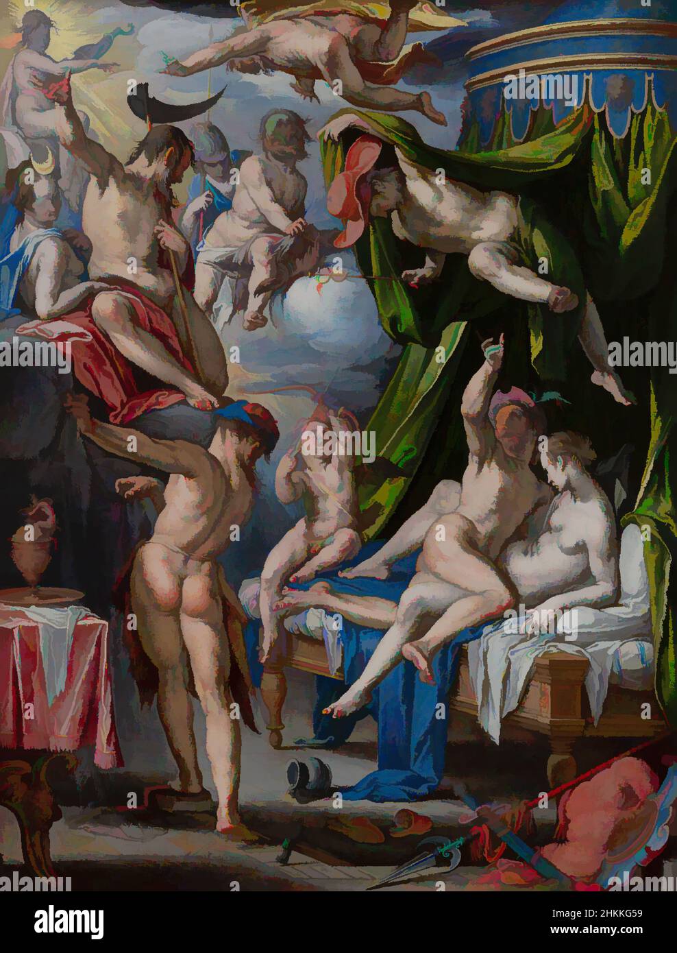 Art inspired by Mars and Venus caught by Vulcan, Joachim Wtewael, 1601, Classic works modernized by Artotop with a splash of modernity. Shapes, color and value, eye-catching visual impact on art. Emotions through freedom of artworks in a contemporary way. A timeless message pursuing a wildly creative new direction. Artists turning to the digital medium and creating the Artotop NFT Stock Photo