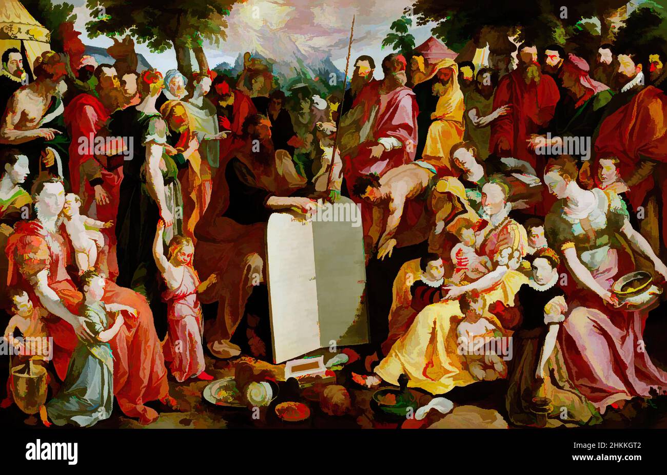 Art inspired by Moses shows the tables of the law to the Israelites, with portraits of members of the Panhuys family, their relatives and friends, Maerten de Vos, 1574 - 1575, Classic works modernized by Artotop with a splash of modernity. Shapes, color and value, eye-catching visual impact on art. Emotions through freedom of artworks in a contemporary way. A timeless message pursuing a wildly creative new direction. Artists turning to the digital medium and creating the Artotop NFT Stock Photo