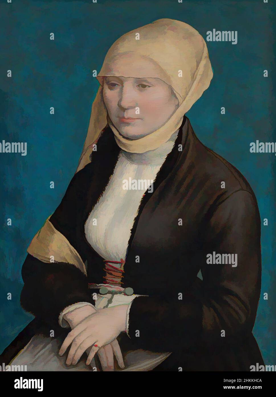 Art inspired by Portrait of a South German woman, Hans Holbein de Jonge, formerly attributed to, c. 1520 - 1525, Classic works modernized by Artotop with a splash of modernity. Shapes, color and value, eye-catching visual impact on art. Emotions through freedom of artworks in a contemporary way. A timeless message pursuing a wildly creative new direction. Artists turning to the digital medium and creating the Artotop NFT Stock Photo