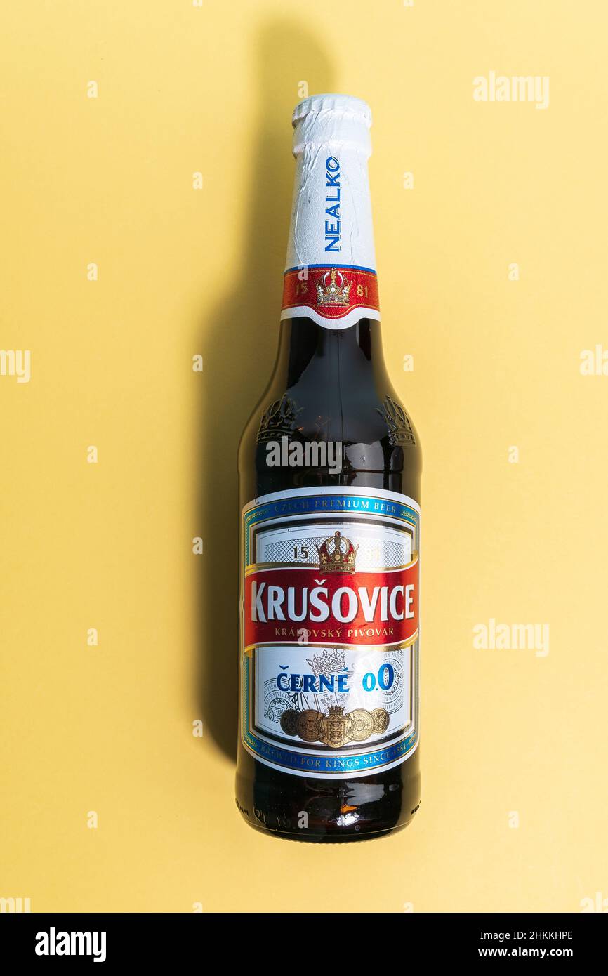 Tyumen, RussiaDecember 27, 2021 Krusovice Beer black alcohol free. In