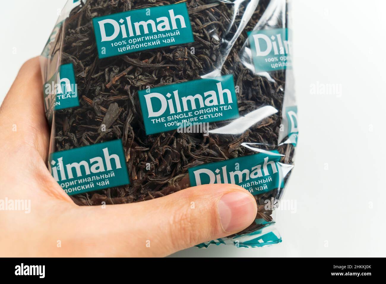 Tyumen, RussiaDecember 20, 2021 Dilmah tea. Sri Lanka tea brand, sold