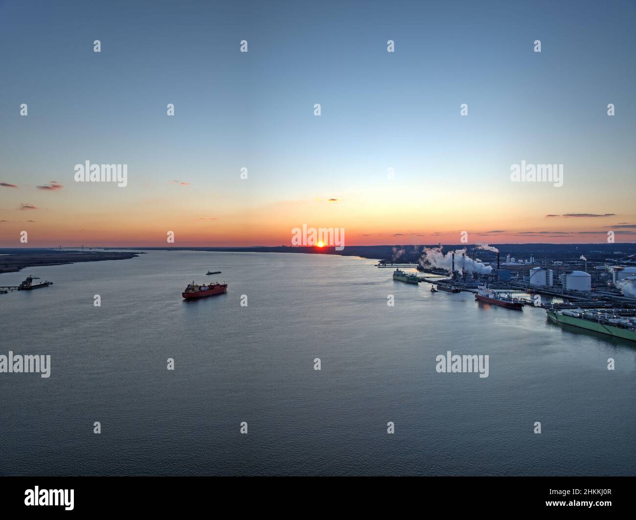 Aerial View of Sunset on Delaware River in Marcus Hook, Pennsylvania