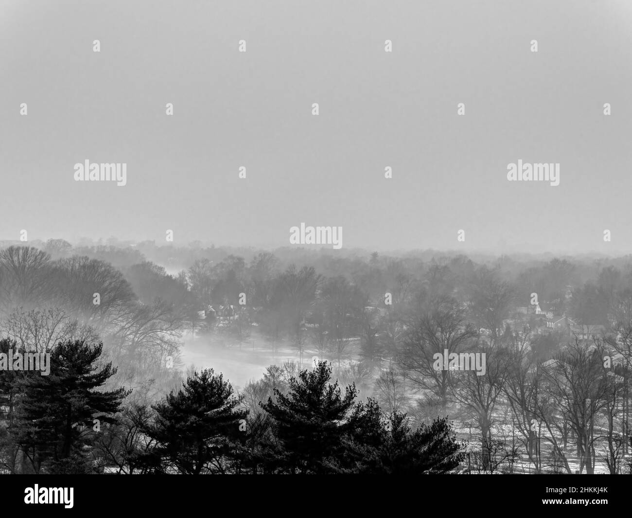 Aerial Black and White of Fog on River Stock Photo - Alamy