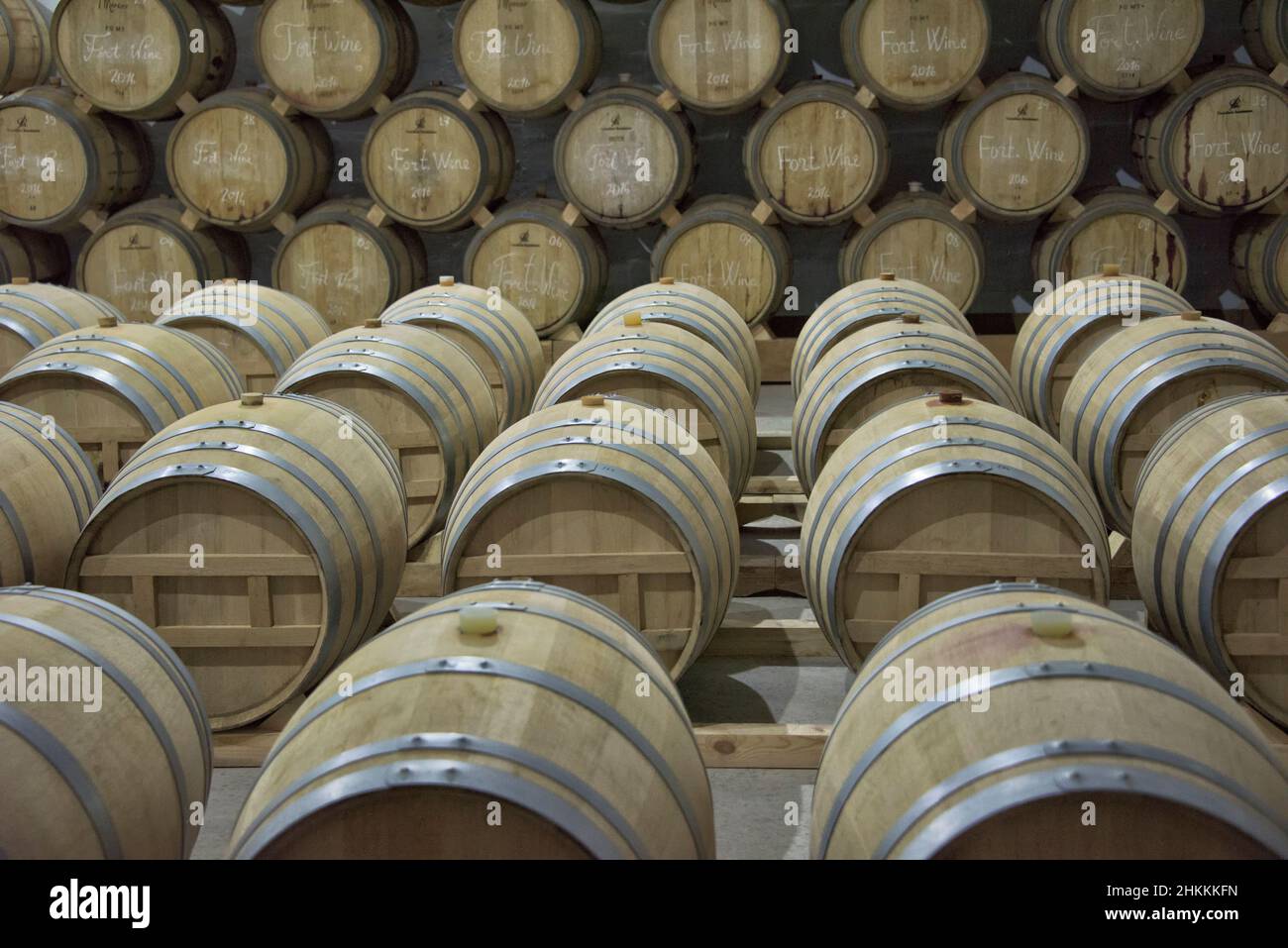 Wine barrels in a winery, near Yerevan, Armenia Stock Photo