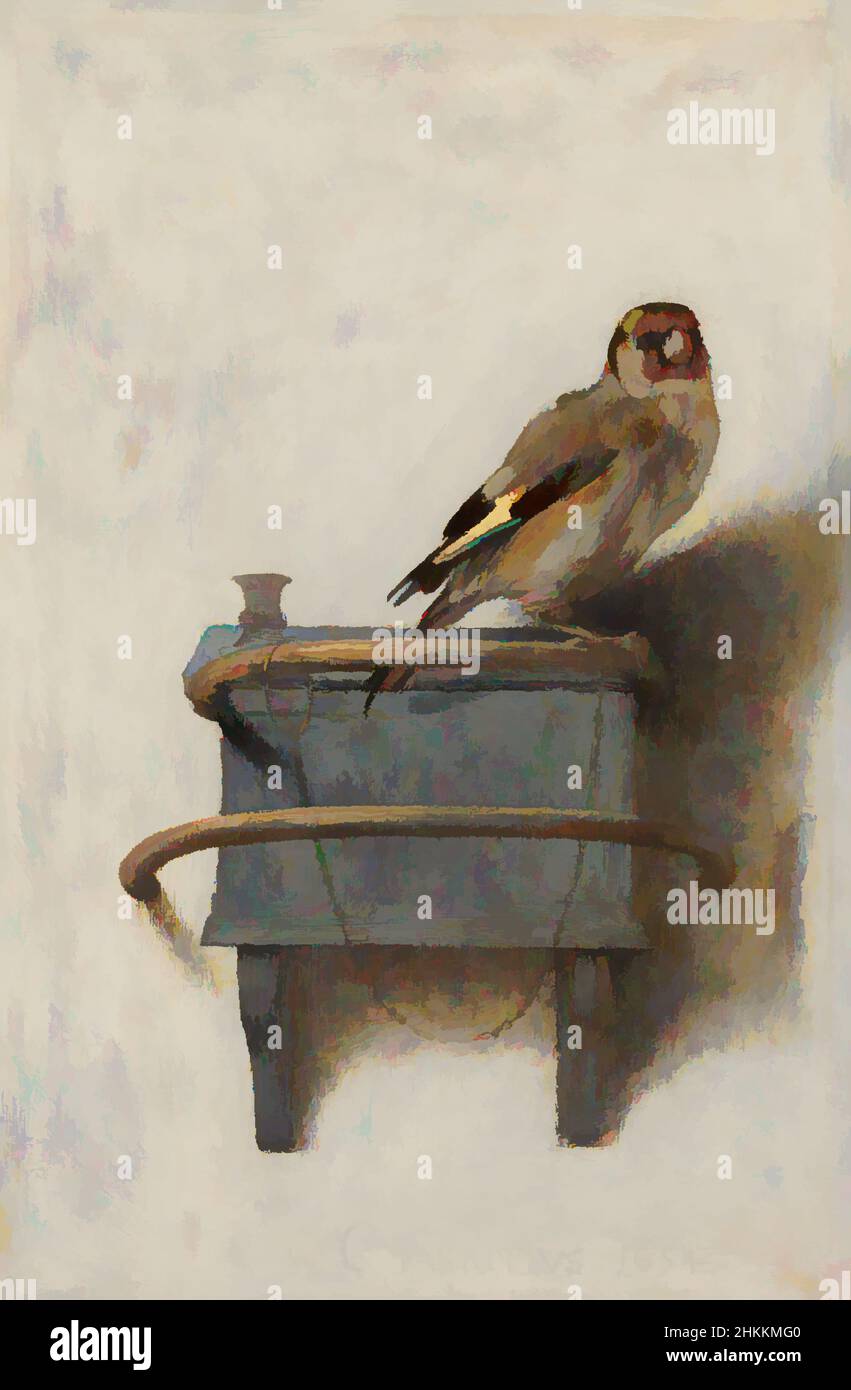 Art inspired by The Goldfinch, Carel Fabritius, 1654, Classic works modernized by Artotop with a splash of modernity. Shapes, color and value, eye-catching visual impact on art. Emotions through freedom of artworks in a contemporary way. A timeless message pursuing a wildly creative new direction. Artists turning to the digital medium and creating the Artotop NFT Stock Photo