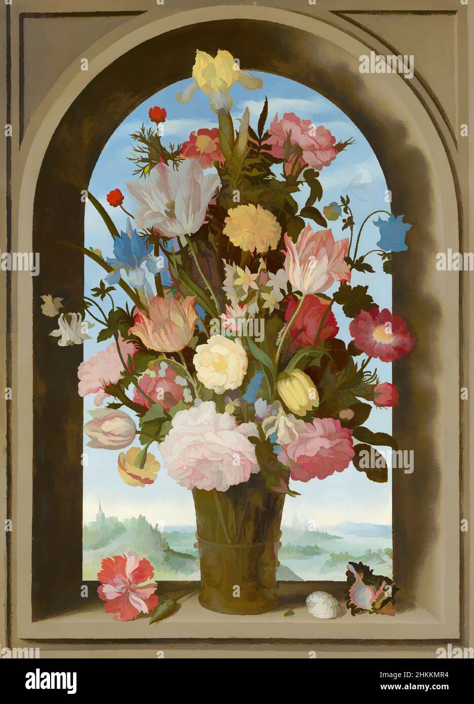Art inspired by Vase of flowers in a window, Ambrosius Bosschaert de Oude, c. 1618, Classic works modernized by Artotop with a splash of modernity. Shapes, color and value, eye-catching visual impact on art. Emotions through freedom of artworks in a contemporary way. A timeless message pursuing a wildly creative new direction. Artists turning to the digital medium and creating the Artotop NFT Stock Photo