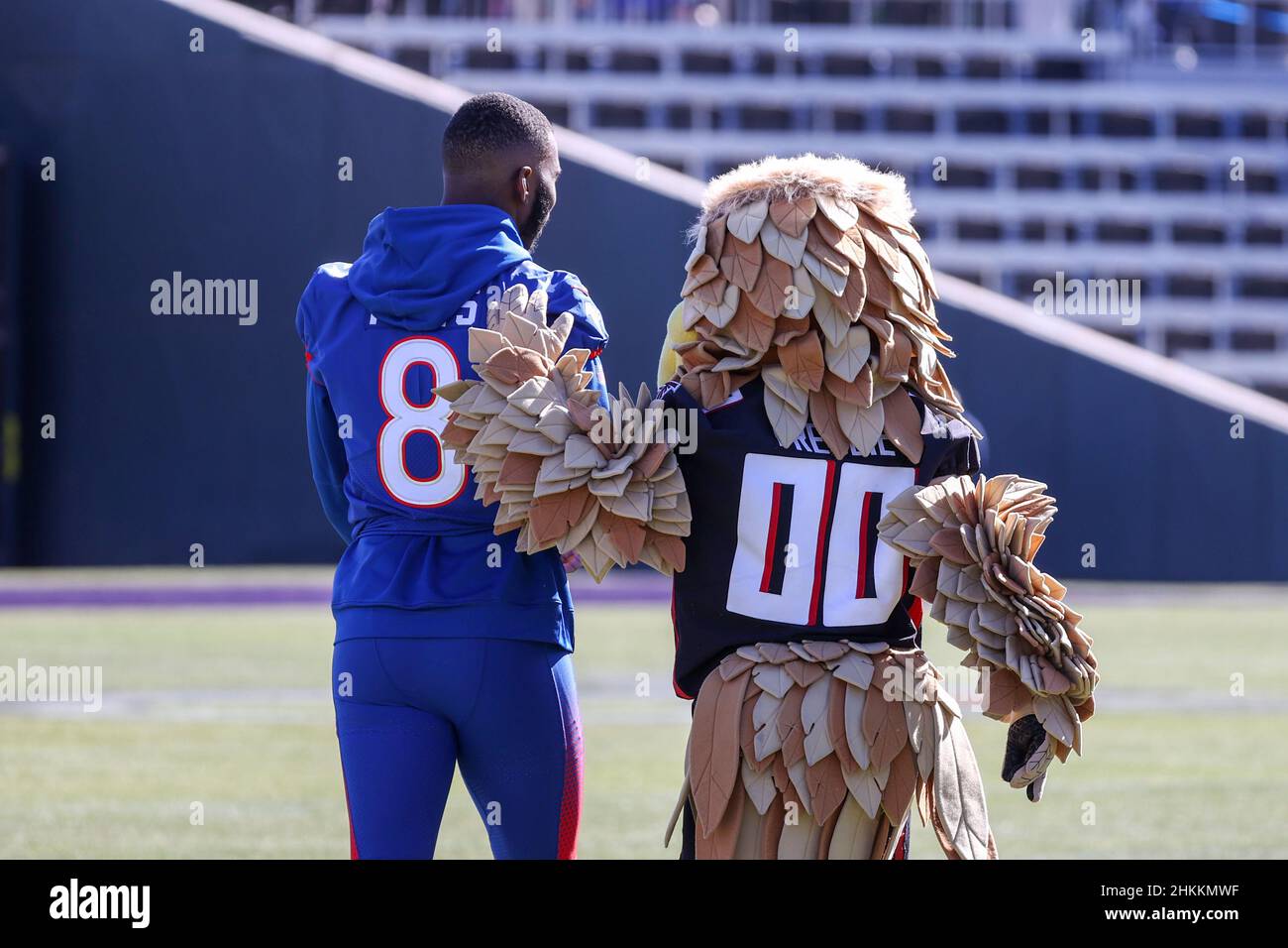 Atlanta Falcons tight end Kyle Pitts (8) participates in a jersey swap  after an NFL football game against the San Francisco 49ers, Sunday, Oct.  16, 2022, in Atlanta. The Atlanta Falcons won