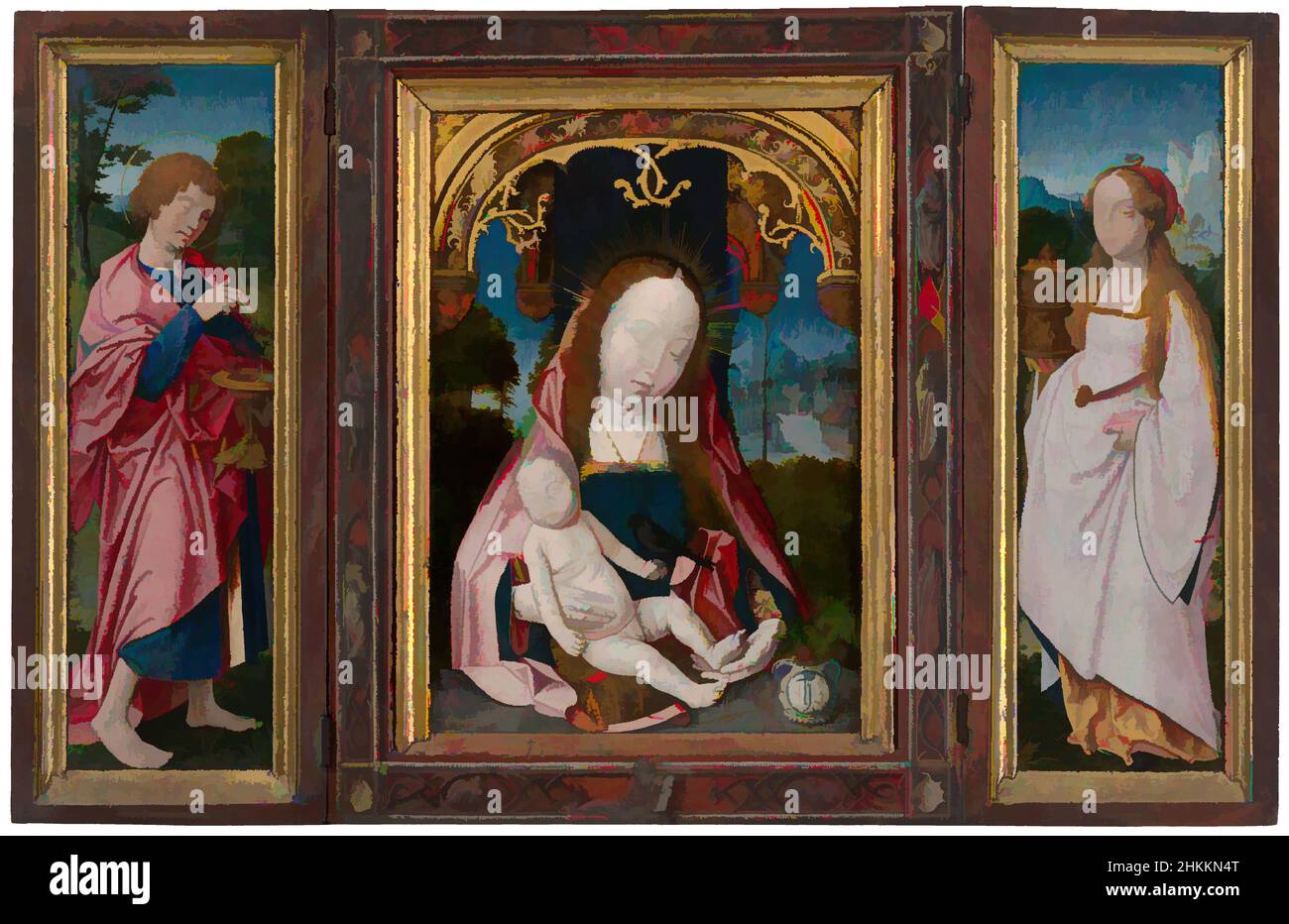 Art inspired by Triptych with Mary with child, John the Evangelist and Mary Magdalena, Jan Provoost, c. 1520 - 1525, Classic works modernized by Artotop with a splash of modernity. Shapes, color and value, eye-catching visual impact on art. Emotions through freedom of artworks in a contemporary way. A timeless message pursuing a wildly creative new direction. Artists turning to the digital medium and creating the Artotop NFT Stock Photo