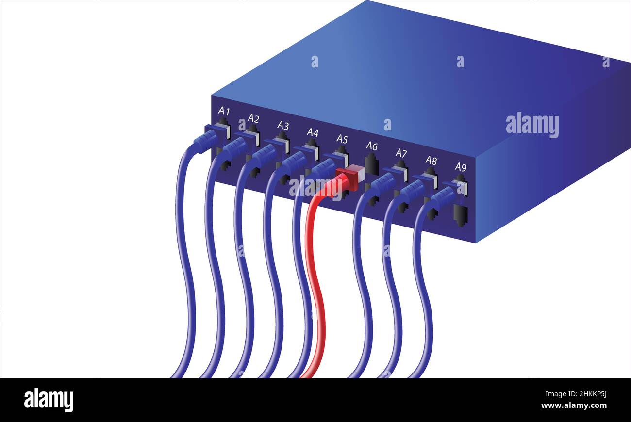 Network Telecommunication Switch Ethernet Cables Connected to Internet Switch, Data Center 3d Concept in blue toned on white background. Stock Vector