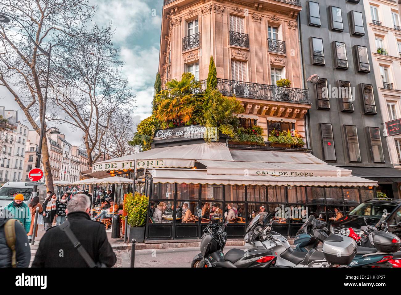 Paris, France - January 20, 2022: General street view from Paris, the French capital. Cafe de Flore bistro-cafe in Saint-Germain. Stock Photo