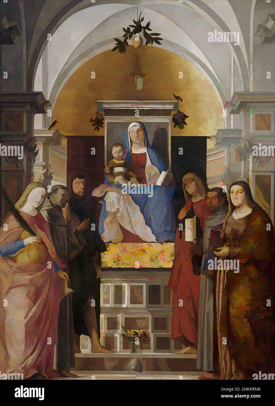 Art inspired by Enthroned Mary with child and six saints, Marcello Fogolino, c. 1516, Classic works modernized by Artotop with a splash of modernity. Shapes, color and value, eye-catching visual impact on art. Emotions through freedom of artworks in a contemporary way. A timeless message pursuing a wildly creative new direction. Artists turning to the digital medium and creating the Artotop NFT Stock Photo