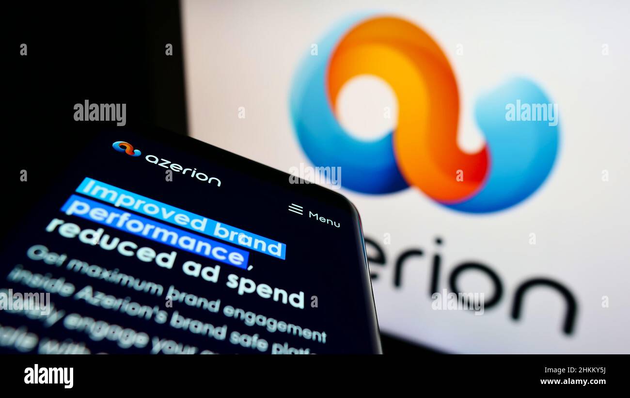 Mobile phone with website of Dutch media platform company Azerion Group