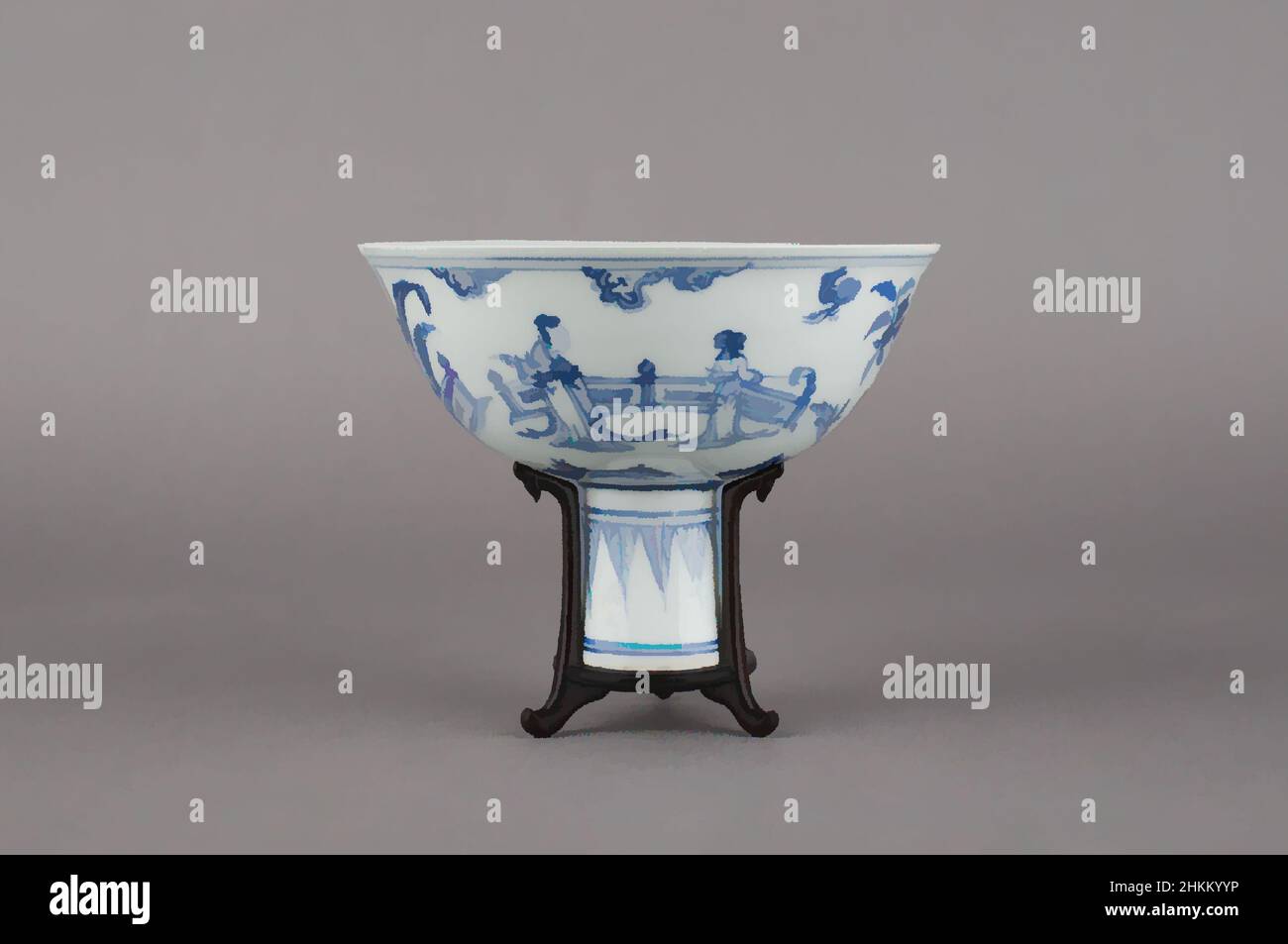 Art inspired by Stem Cup with Design of Four Ladies in Garden Landscapes, Chinese, Ming dynasty, 1368-1644, Chenghua period, 1465-1487, or Hongzhi period, 1488-1505, late 15th century, Jingdezhen ware; porcelain with underglaze cobalt blue decoration, Made in Jingdezhen, Jiangxi, Classic works modernized by Artotop with a splash of modernity. Shapes, color and value, eye-catching visual impact on art. Emotions through freedom of artworks in a contemporary way. A timeless message pursuing a wildly creative new direction. Artists turning to the digital medium and creating the Artotop NFT Stock Photo
