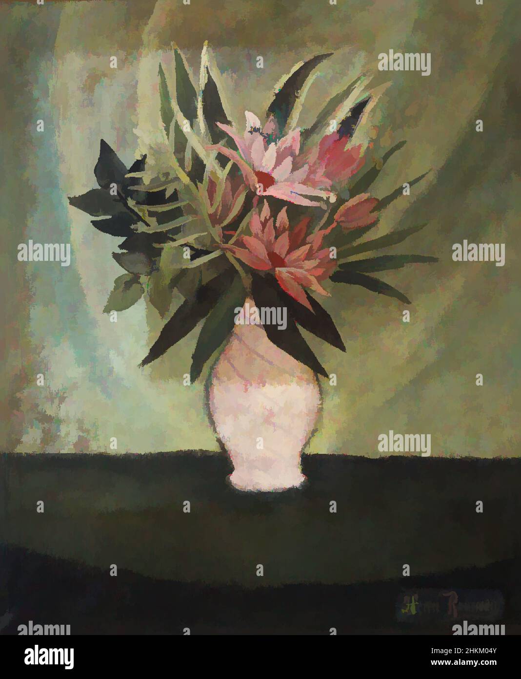 Art inspired by Still Life, Vase of Flowers, Unknown, 19th-20th century, Oil on canvas, Paintings, 21 3/4 x 18 1/4 in. (55.2 x 46.4 cm, Classic works modernized by Artotop with a splash of modernity. Shapes, color and value, eye-catching visual impact on art. Emotions through freedom of artworks in a contemporary way. A timeless message pursuing a wildly creative new direction. Artists turning to the digital medium and creating the Artotop NFT Stock Photo