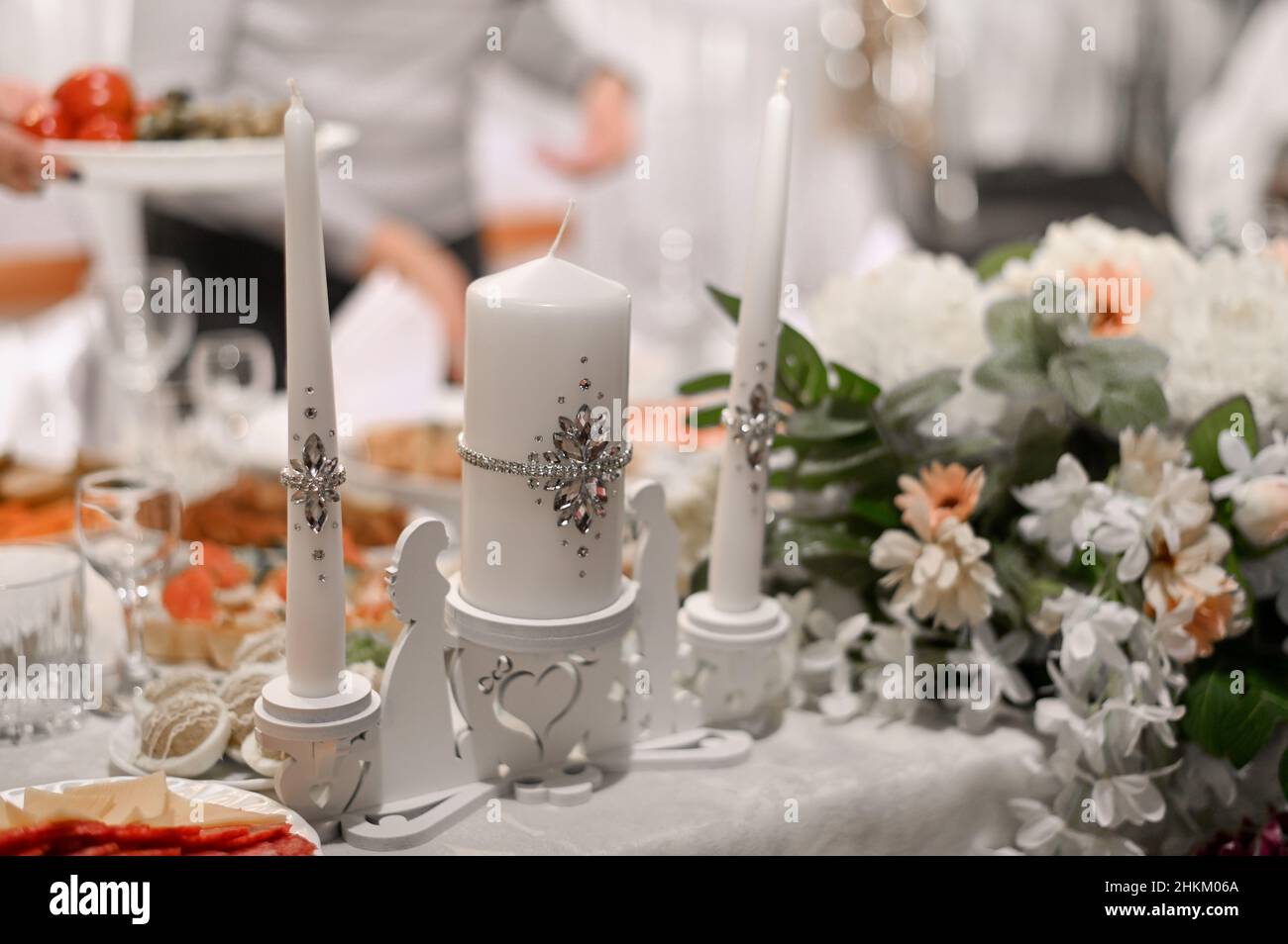 wedding table decor. flowers, candles Stock Photo - Alamy