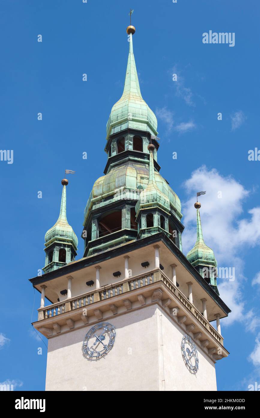 Tower of the old city hall close-up on a sunny day. Brno, Czech Republic Stock Photo