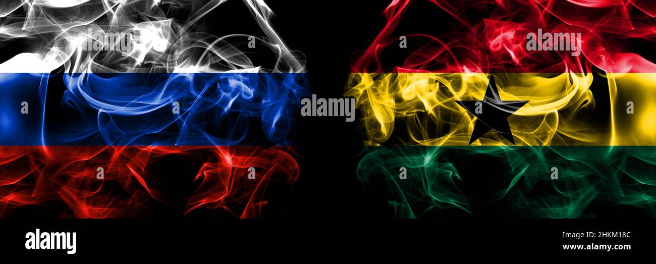 Russia, Russian vs Ghana, Ghanaian flags. Smoke flag placed side by side isolated on black