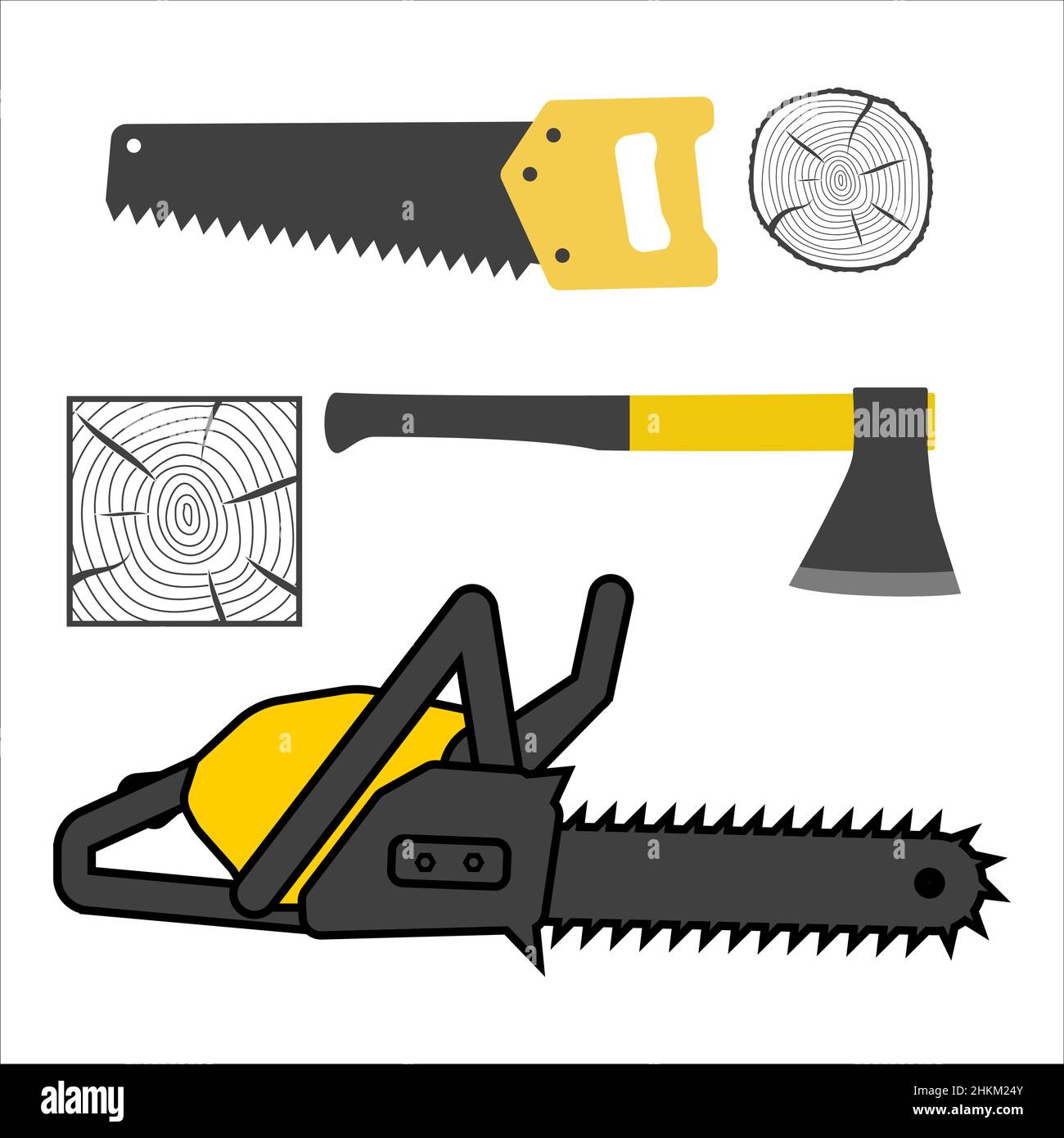 Axeman Toolkit. saw with petrol drive, serrated saw with handle isolated. Realistic vector illustration of hand saws collection. Stock Vector