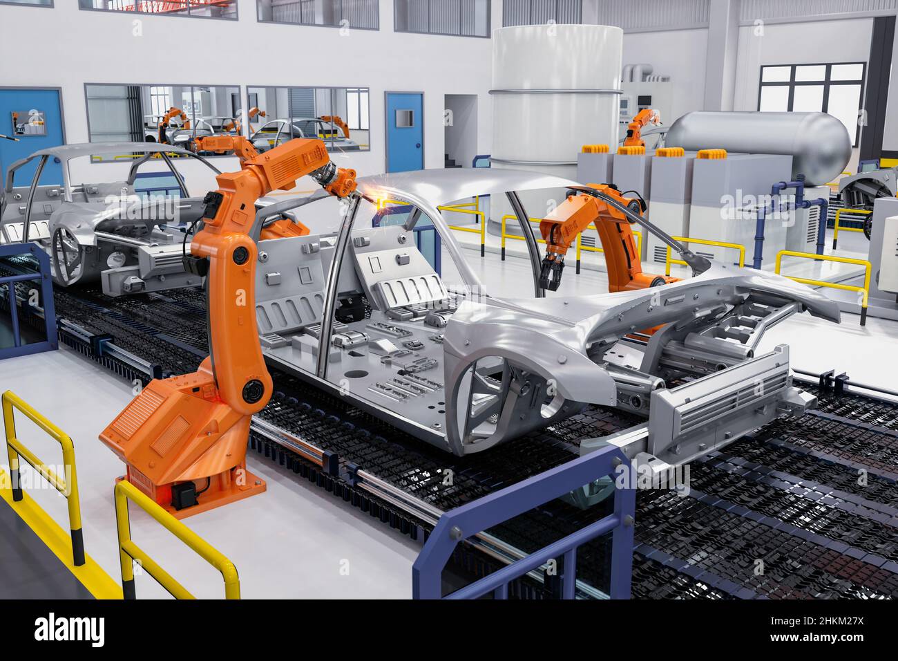 Automation automobile factory concept with 3d rendering robot assembly line in car factory Stock Photo