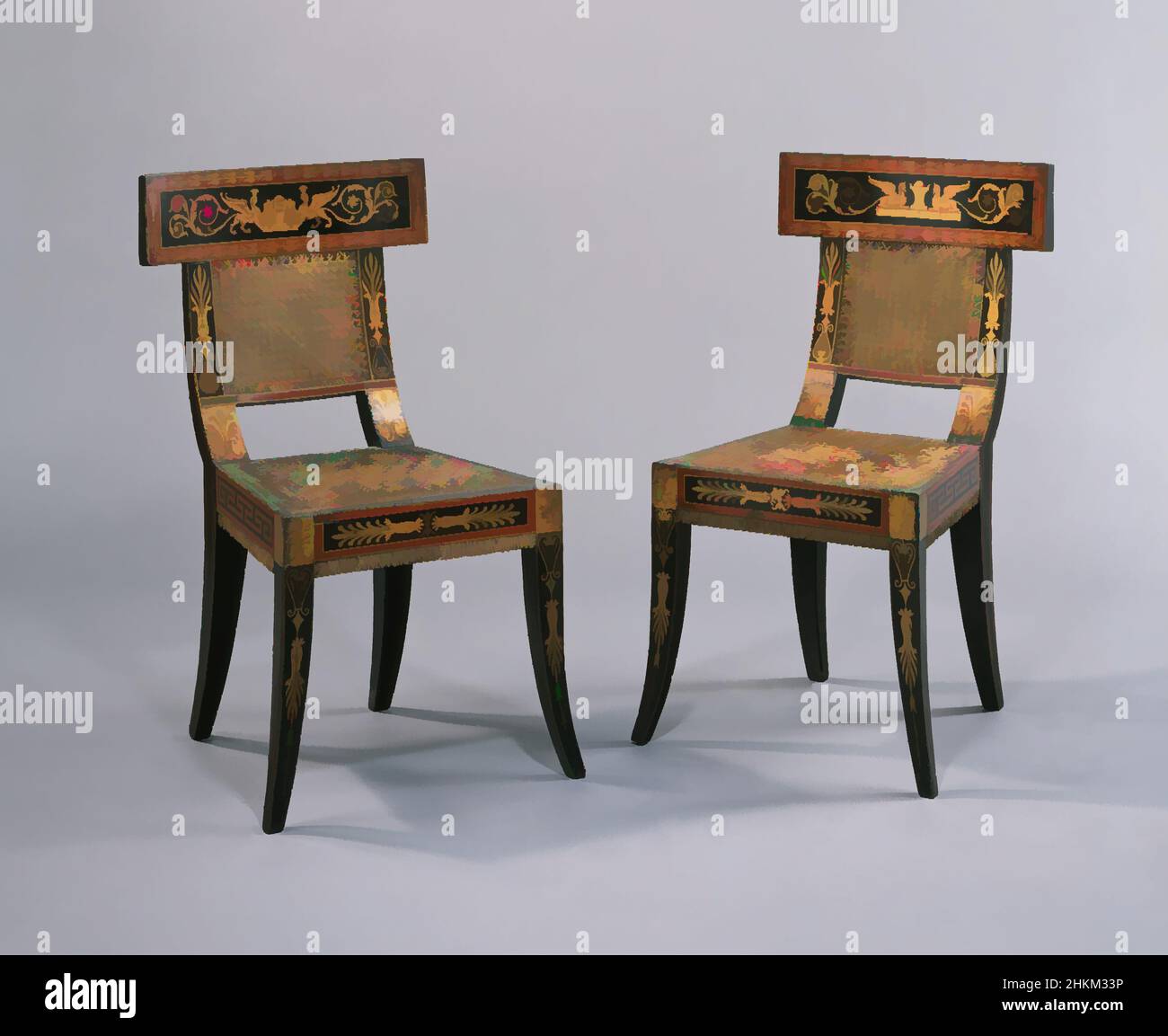 Art inspired by Pair of Chairs, Benjamin Henry Latrobe, American (born England), 1764-1820, George Bridport, American (born England), 1783-1819, 1808, Painted and gilded yellow poplar, white oak, and white pine; gilded gesso; replacement and original gilded cane; and reproduction wool, Classic works modernized by Artotop with a splash of modernity. Shapes, color and value, eye-catching visual impact on art. Emotions through freedom of artworks in a contemporary way. A timeless message pursuing a wildly creative new direction. Artists turning to the digital medium and creating the Artotop NFT Stock Photo