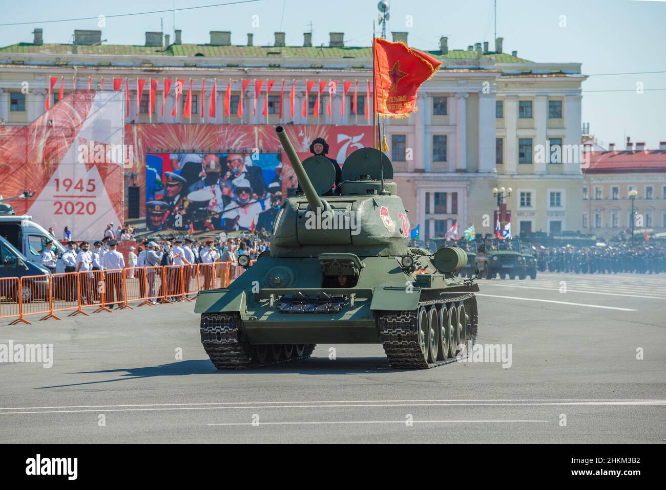SAINT PETERSBURG, RUSSIA - JUNE 24, 2020: Soviet tank T-34-85 on the rehearsal of the military parade in honor of the Victory Day Stock Photo