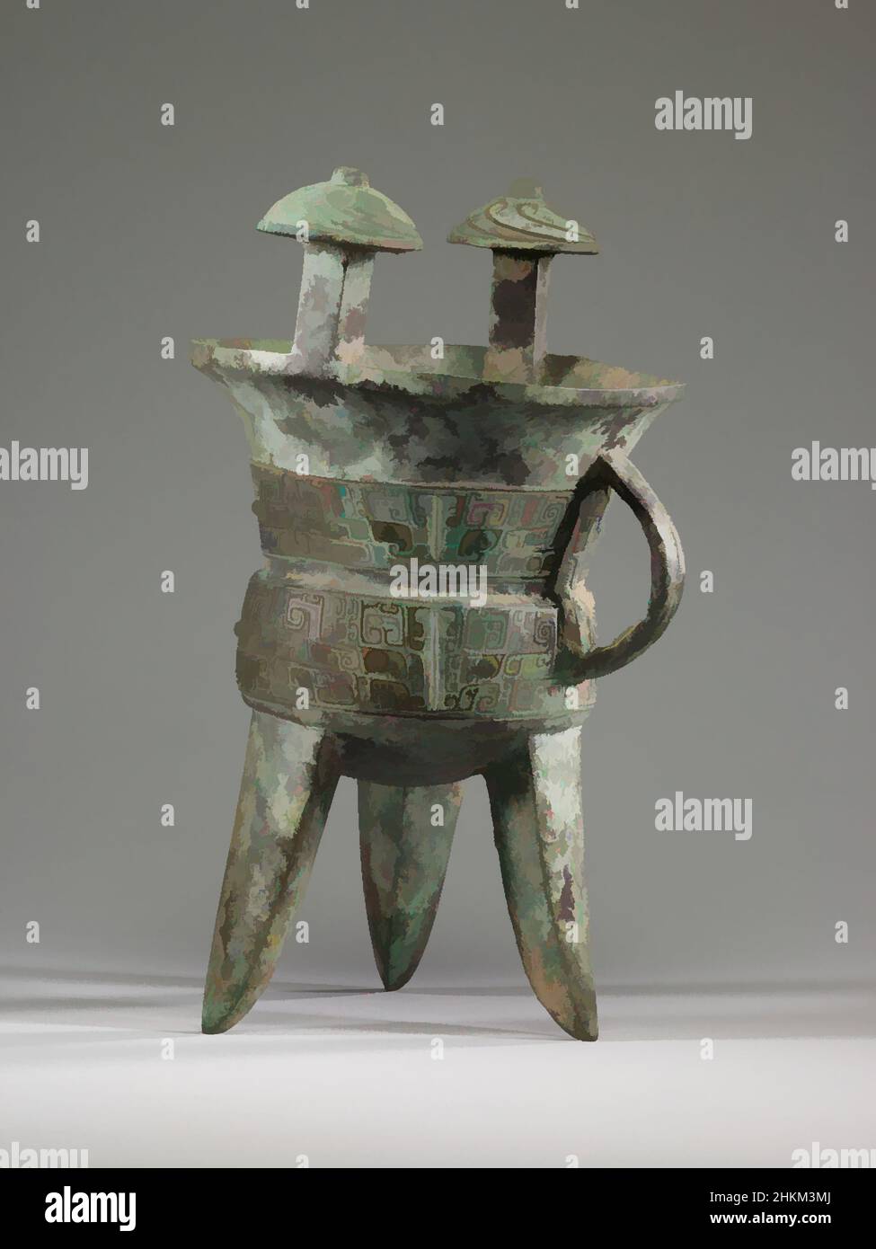 Art inspired by Tripod Wine Vessel (jia) with Design of Zoomorphic Masks, Chinese, Shang dynasty, 1600-1050 BC, 13th century BC, Bronze, China, Asia, Containers, metalwork, height: 13 1/2 in. (34.3 cm, Classic works modernized by Artotop with a splash of modernity. Shapes, color and value, eye-catching visual impact on art. Emotions through freedom of artworks in a contemporary way. A timeless message pursuing a wildly creative new direction. Artists turning to the digital medium and creating the Artotop NFT Stock Photo