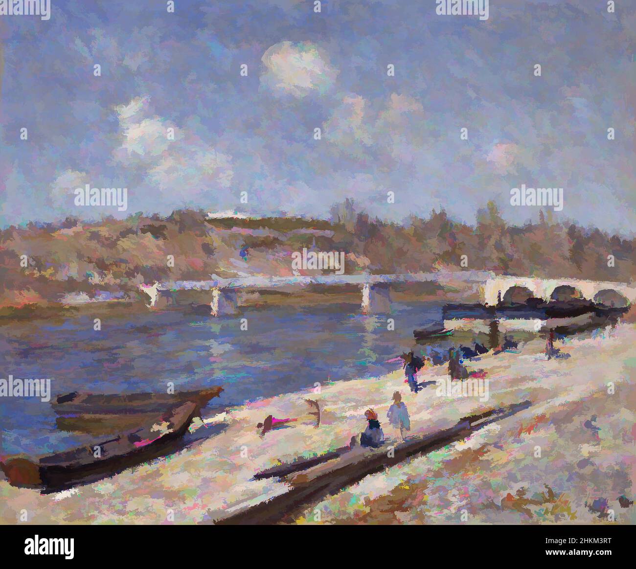 Art inspired by The Beach at Saint-Mammès, Alfred Sisley, English (born France), 1839–1899, 1884, Oil on canvas, Moret-sur-Loing, Île-de-France, France, Europe, Paintings, 20 3/8 × 24 1/2 in. (51.8 × 62.2 cm, Classic works modernized by Artotop with a splash of modernity. Shapes, color and value, eye-catching visual impact on art. Emotions through freedom of artworks in a contemporary way. A timeless message pursuing a wildly creative new direction. Artists turning to the digital medium and creating the Artotop NFT Stock Photo
