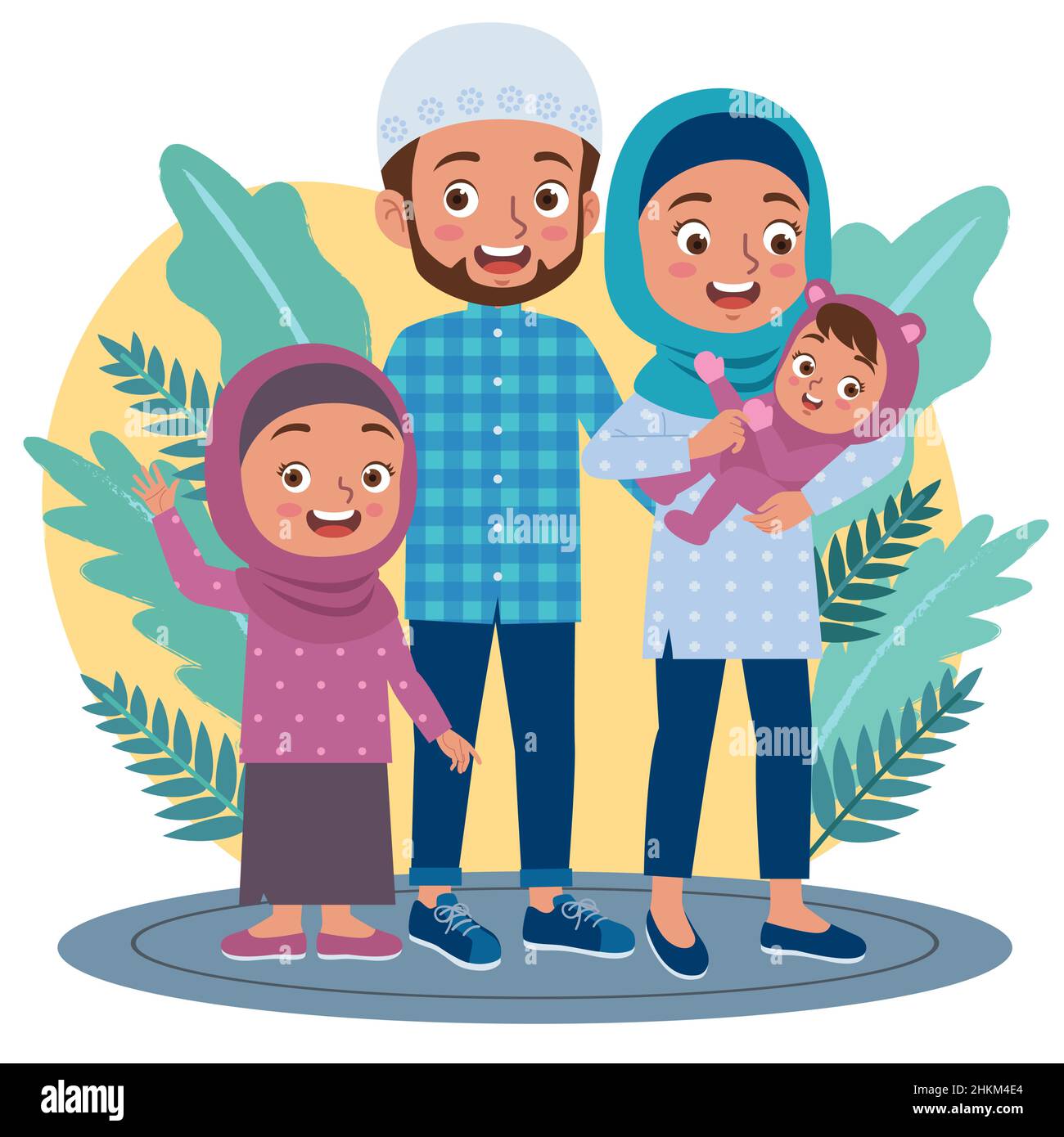 A happy and smiling moslem family with parent and two daughters. Stock Vector