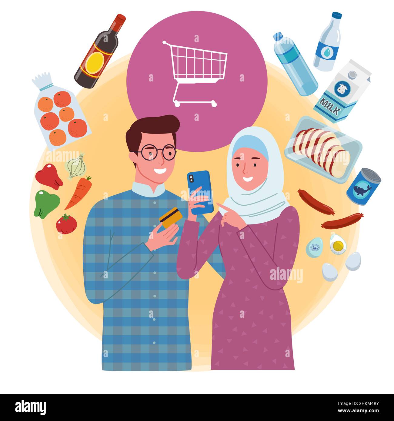 a Muslim couple do a groceries online shopping together on a mobile phone. The man is holding a card while the woman is holding a phone. Stock Vector