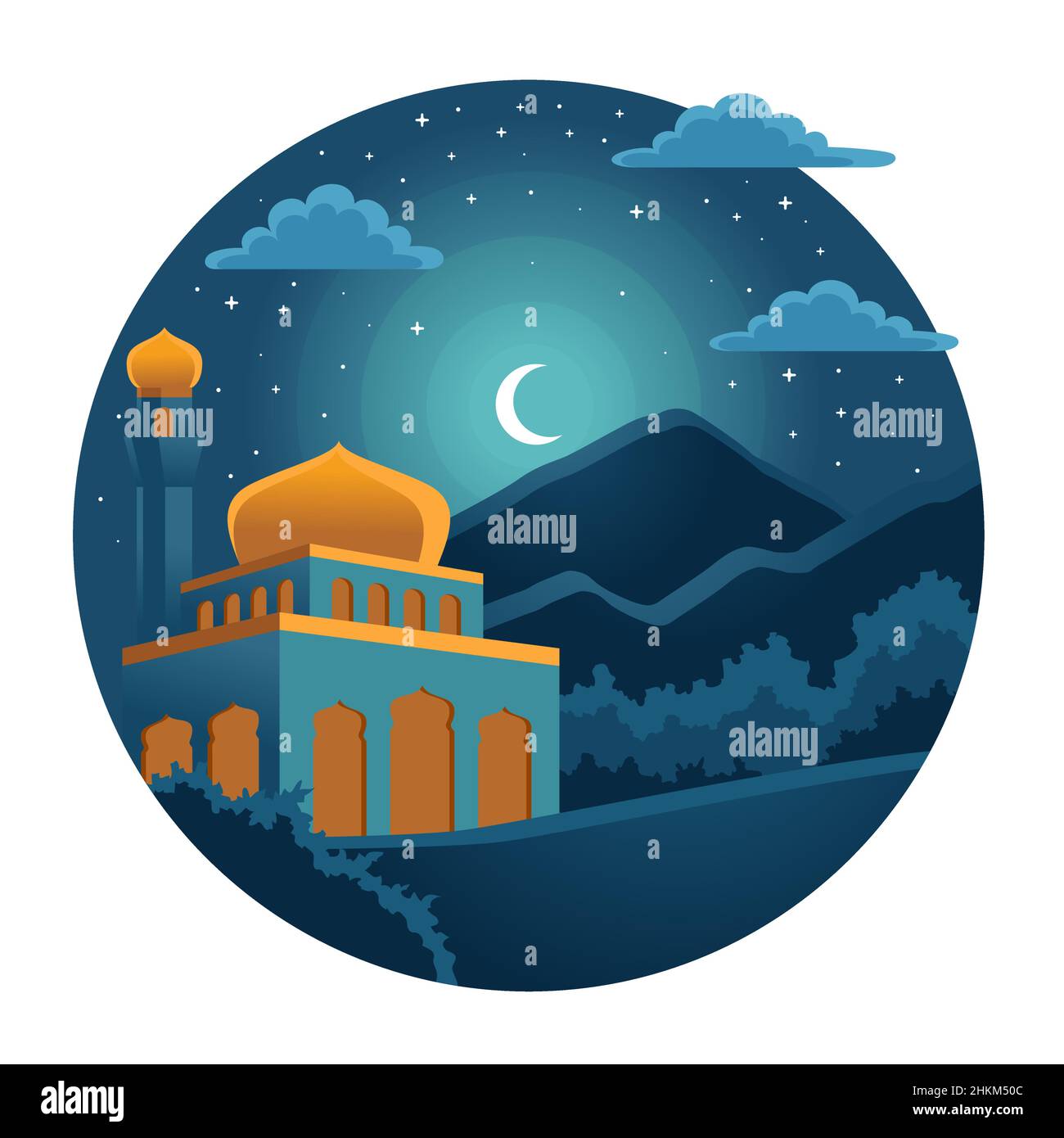illustration of a mosque at night with the background of the sky and ...