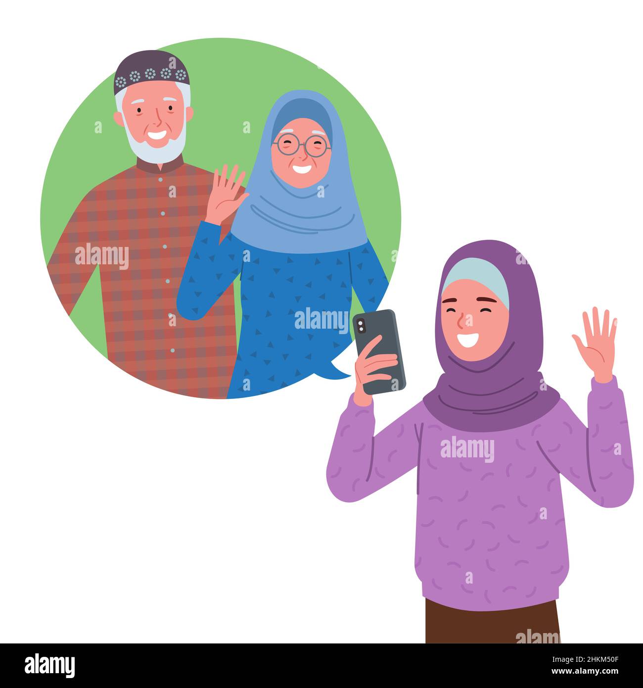 a Muslim girl wearing a hijab is doing a video call with her grandfather and grandmother via cell phone. Stock Vector