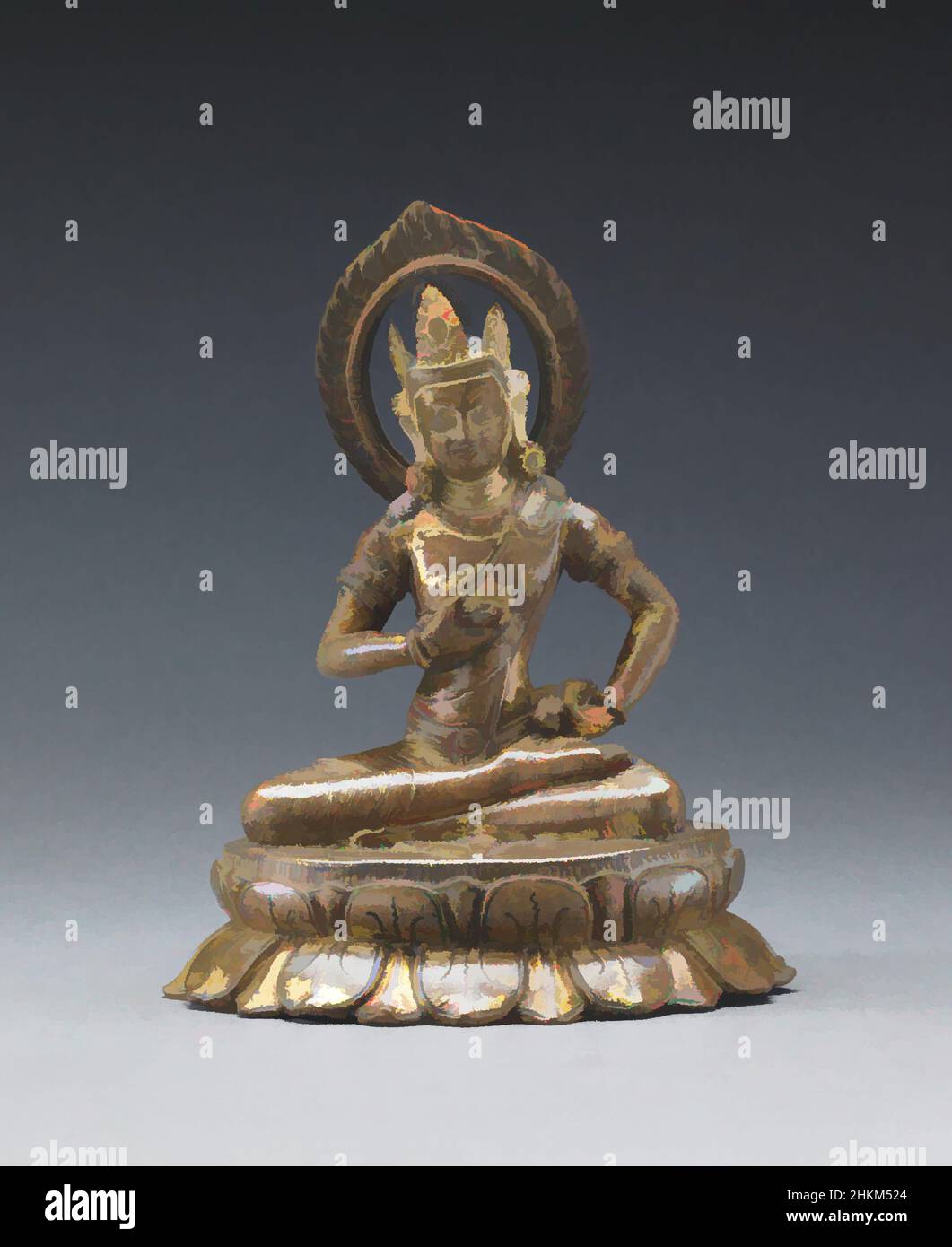 Art inspired by Seated Vajrasattva, Nepalese, Transitional period, 879-1200, 11th century, Copper alloy with gilding, Nepal, Asia, Metalwork, sculpture, 6 1/4 x 5 x 3 7/16 in. (15.9 x 12.7 x 8.7 cm, Classic works modernized by Artotop with a splash of modernity. Shapes, color and value, eye-catching visual impact on art. Emotions through freedom of artworks in a contemporary way. A timeless message pursuing a wildly creative new direction. Artists turning to the digital medium and creating the Artotop NFT Stock Photo