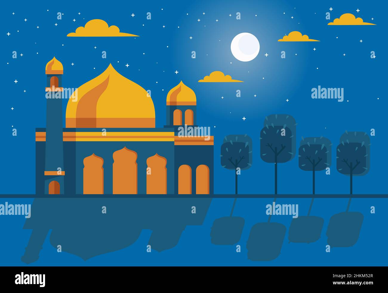 illustration of a mosque at night with the background of the sky and ...