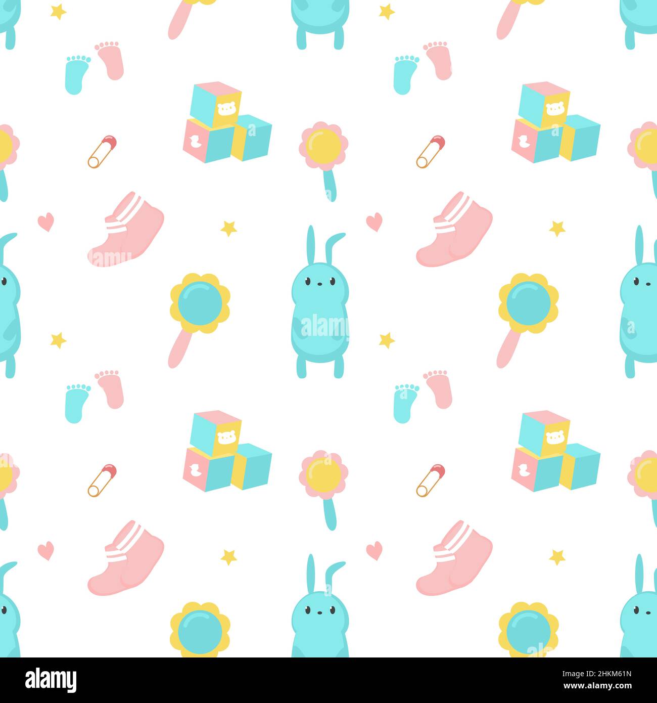 Baby shower vector seamless pattern with newborn items Stock Vector