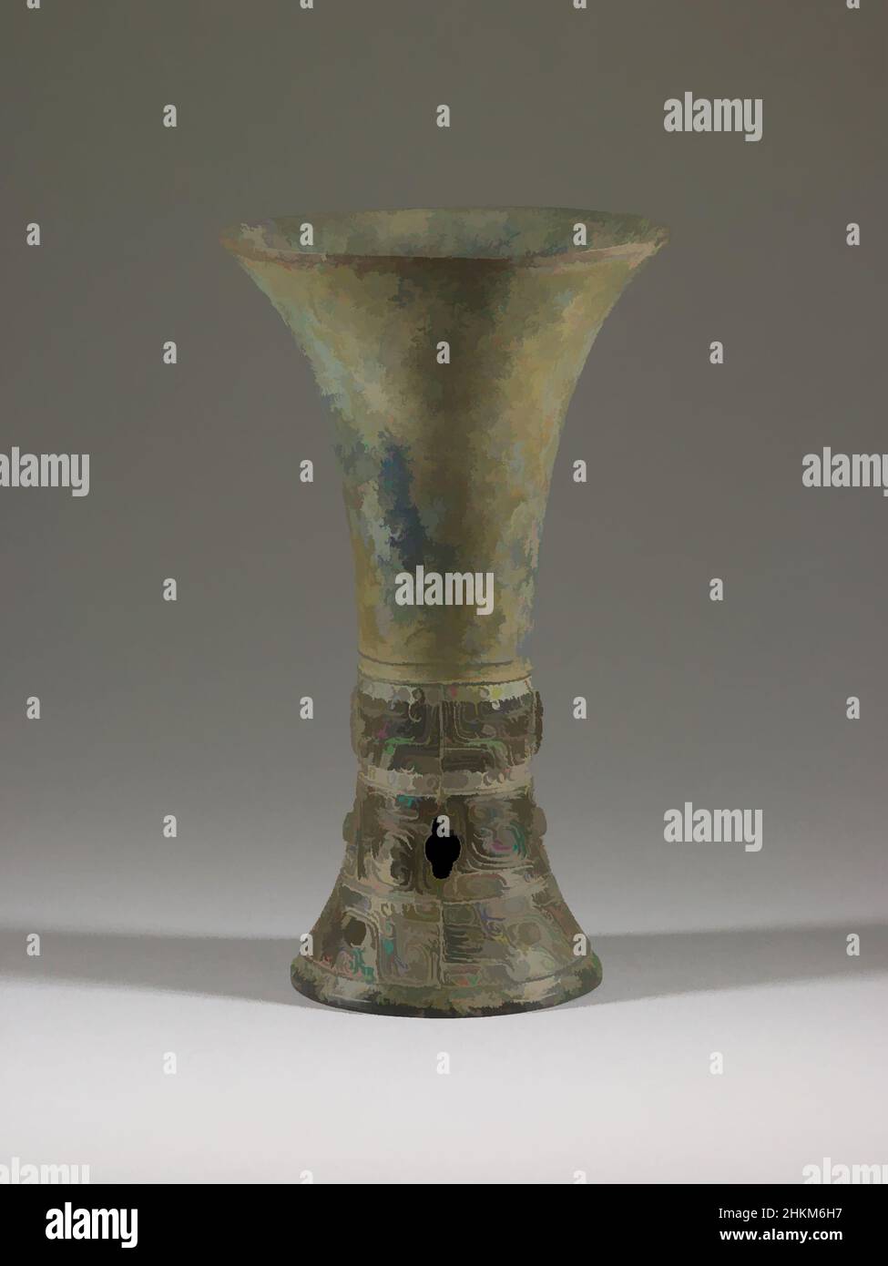 Art inspired by Wine Vessel (gu) with Design of Zoomorphic Masks and Spiral Patterns, Chinese, Shang dynasty, 1600-1050 BC, late 14th-early 13th century BC, Bronze, China, Asia, Containers, metalwork, height: 8 1/2 in. (21.6 cm, Classic works modernized by Artotop with a splash of modernity. Shapes, color and value, eye-catching visual impact on art. Emotions through freedom of artworks in a contemporary way. A timeless message pursuing a wildly creative new direction. Artists turning to the digital medium and creating the Artotop NFT Stock Photo
