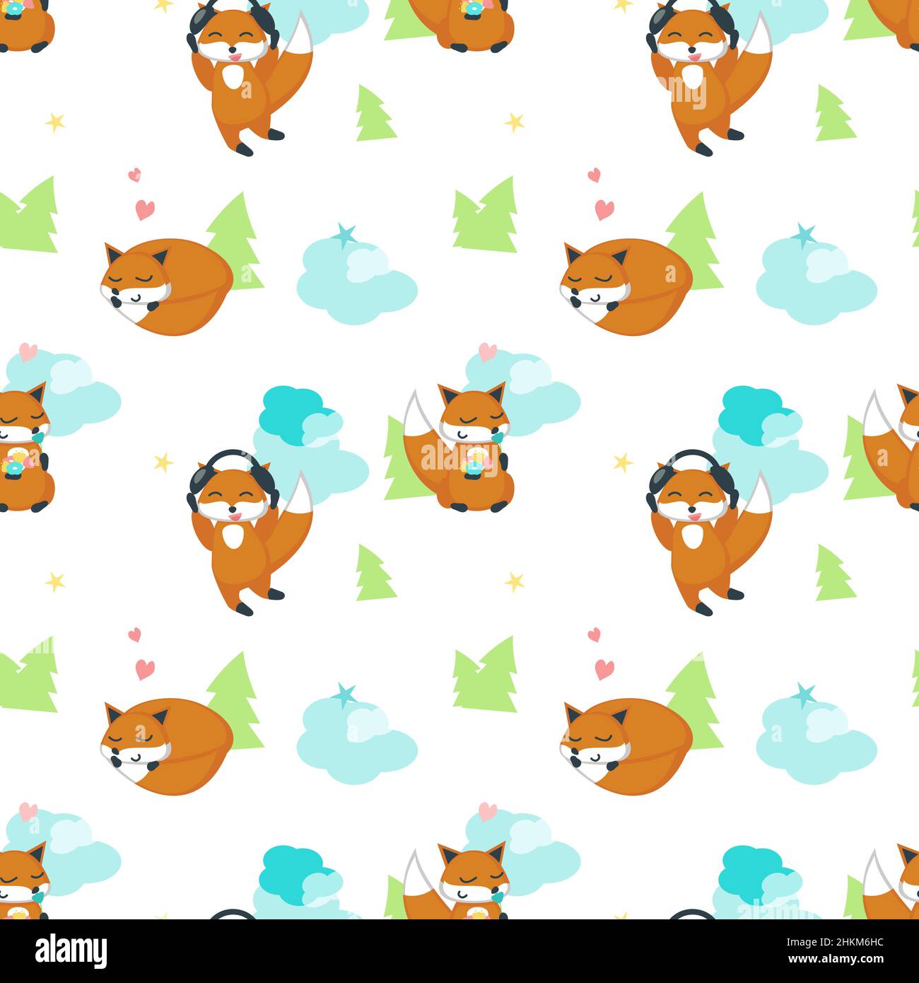 Vector seamless pattern with cute funny foxes Stock Vector