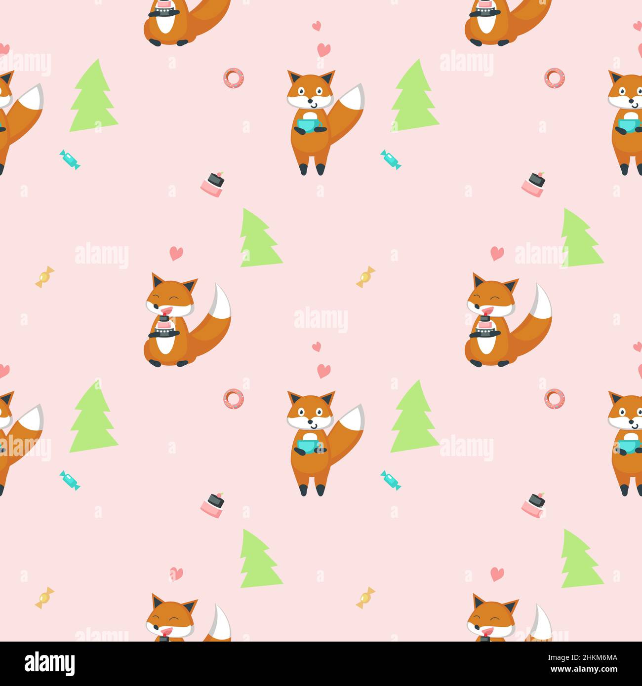 Vector seamless pattern with cute funny foxes Stock Vector