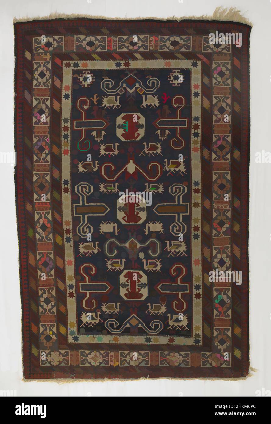 Art inspired by Small Shirvan Carpet with Kufesque Border and 'Perepedil' Pattern, Transcaucasian, late 19th century, Wool, Made in Caucasus, Azerbaijan, Asia, Coverings & hangings, textiles, 78 x 51 in. (198.1 x 129.5 cm, Classic works modernized by Artotop with a splash of modernity. Shapes, color and value, eye-catching visual impact on art. Emotions through freedom of artworks in a contemporary way. A timeless message pursuing a wildly creative new direction. Artists turning to the digital medium and creating the Artotop NFT Stock Photo
