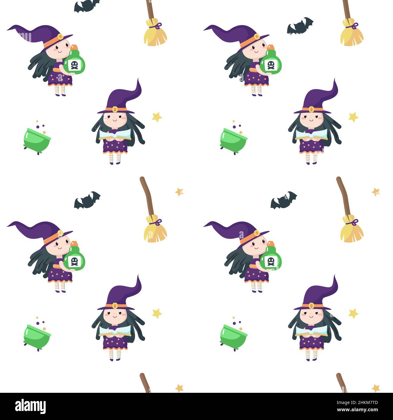 Vector seamless pattern with cute little Halloween witch Stock Vector ...