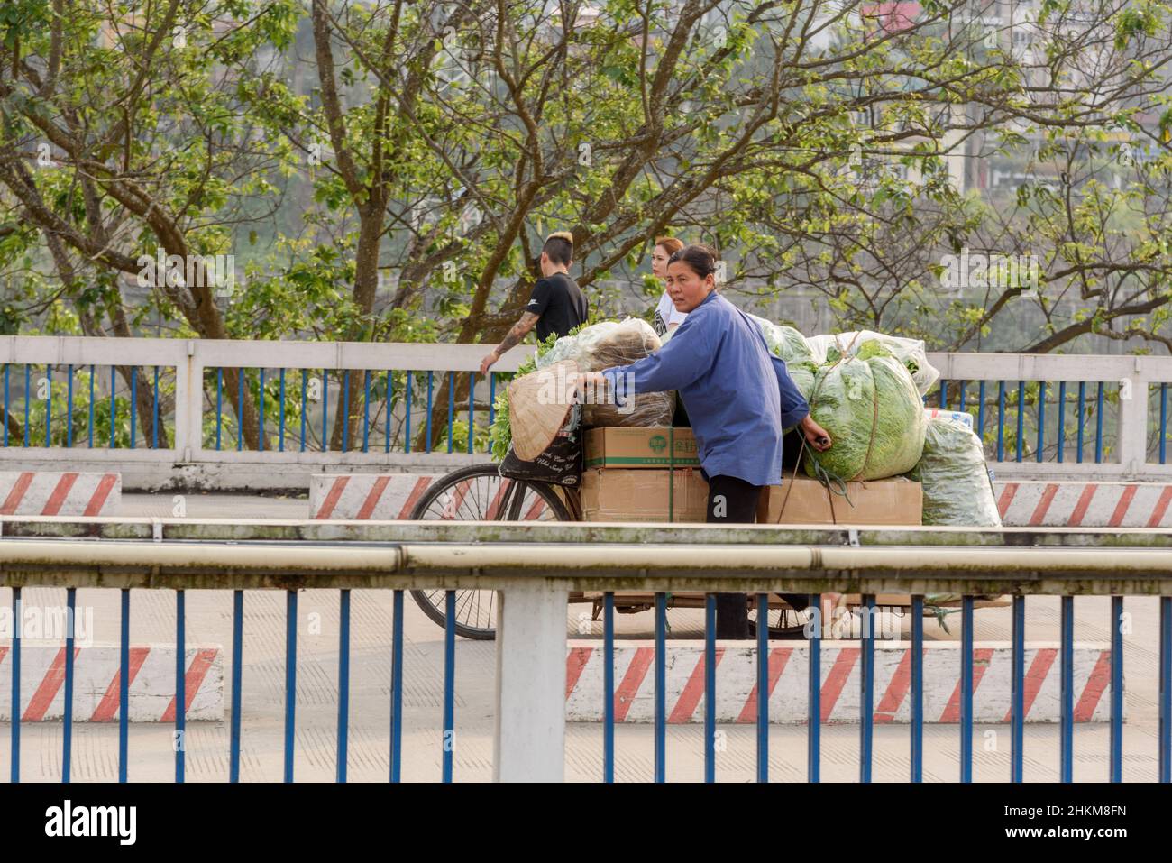 A Vietnamese trader pushes a bicycle loaded with goods across the border from Hekou, Yunnan Province, China to Lao Cai, North Vietnam Stock Photo