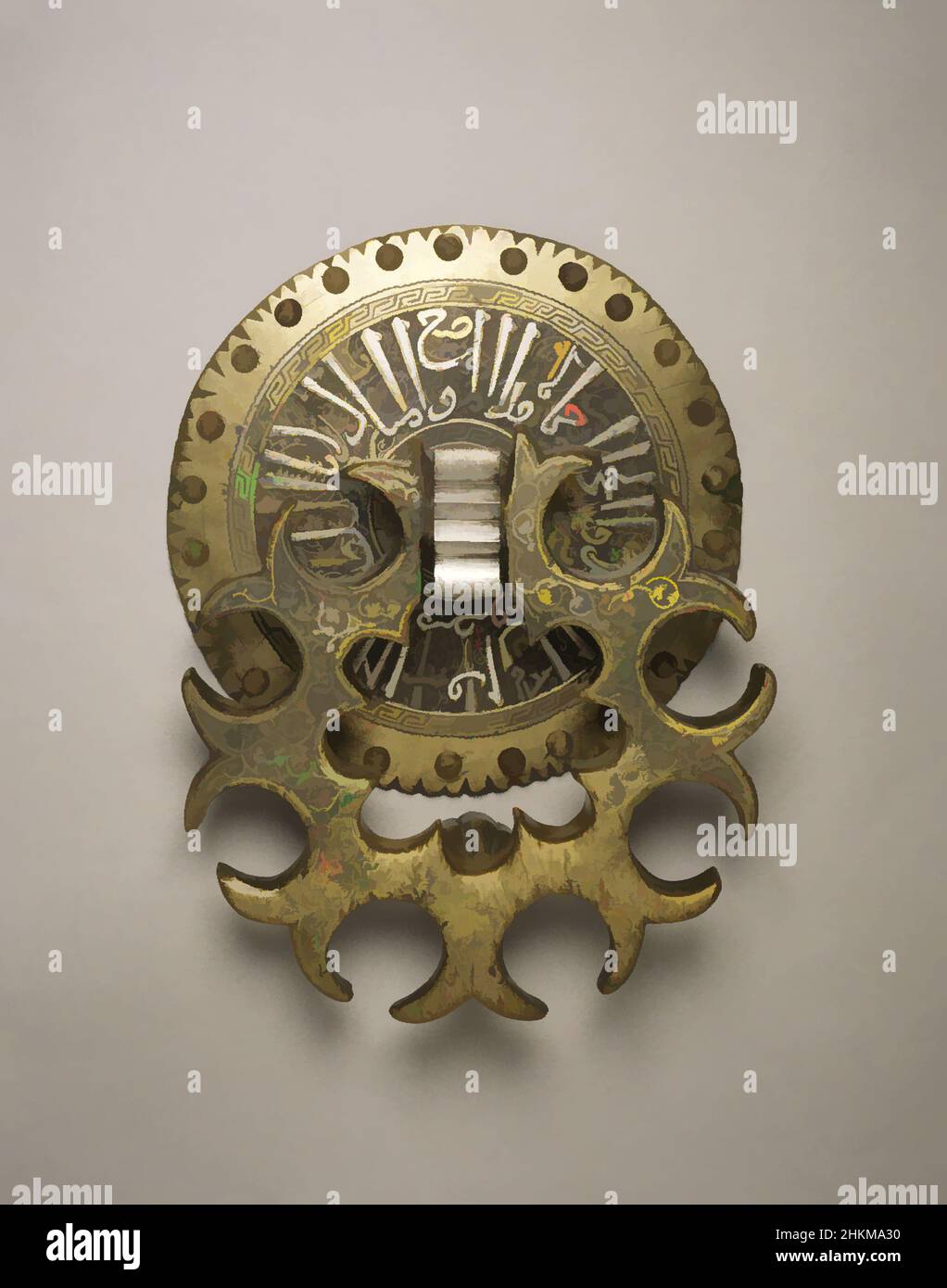 Art inspired by Door Knocker with Eight Lobes and Arabic Inscription on Backplate, Egyptian, Mamluk period, 1250-1517, reign of Qalā'ūn, c.1220-1290; reigned 1279-1290, 1280-90, Brass with silver inlay, Cairo, Northern Africa, Egypt, Africa, Architectural elements, metalwork, height: 8, Classic works modernized by Artotop with a splash of modernity. Shapes, color and value, eye-catching visual impact on art. Emotions through freedom of artworks in a contemporary way. A timeless message pursuing a wildly creative new direction. Artists turning to the digital medium and creating the Artotop NFT Stock Photo